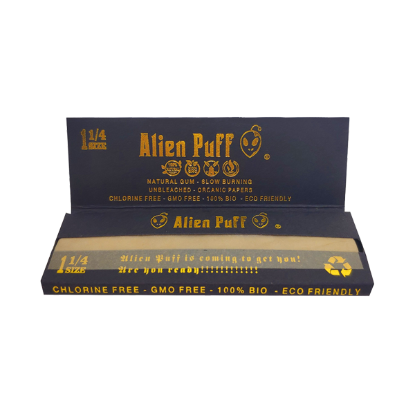 50 Alien Puff Black & Gold 1 1/4 Size Unbleached Brown Rolling Papers ( HP104 )